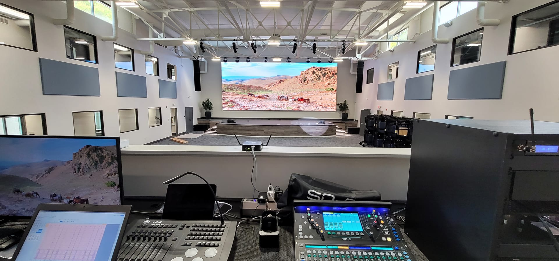 Main hall at an Indiana auditorium and conference center with integrated audio, video, and stage AV by Noble A-V
